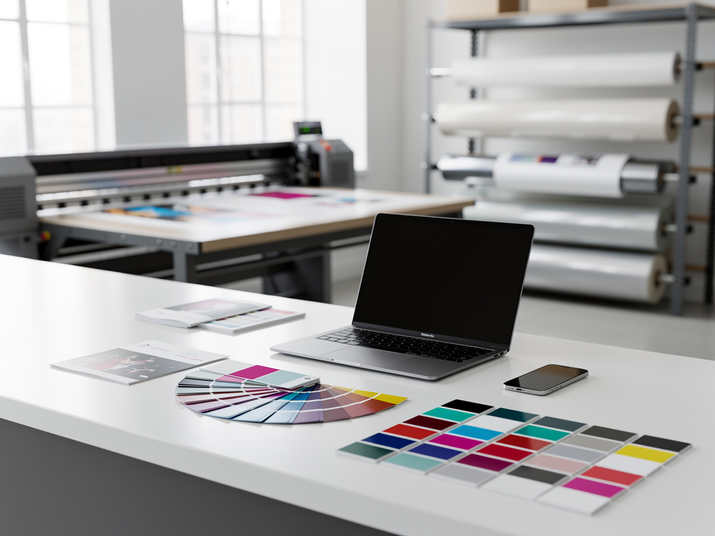 The workshop's front service counter with a laptop, a phone, printed material swatches and vinyl color samples, nobody i