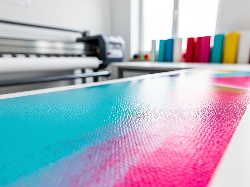 Extreme close-up of saturated cyan and magenta ink on textured vinyl showing fine print detail.