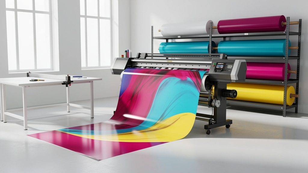 A large-format plotter printing a vivid magenta, cyan and yellow abstract graphic onto glossy vinyl that spills toward t