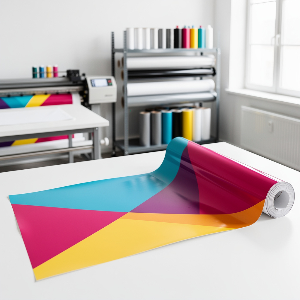 A rolled vinyl banner partially opened on a clean paper-white table, showing a bold unbranded magenta, cyan and yellow p