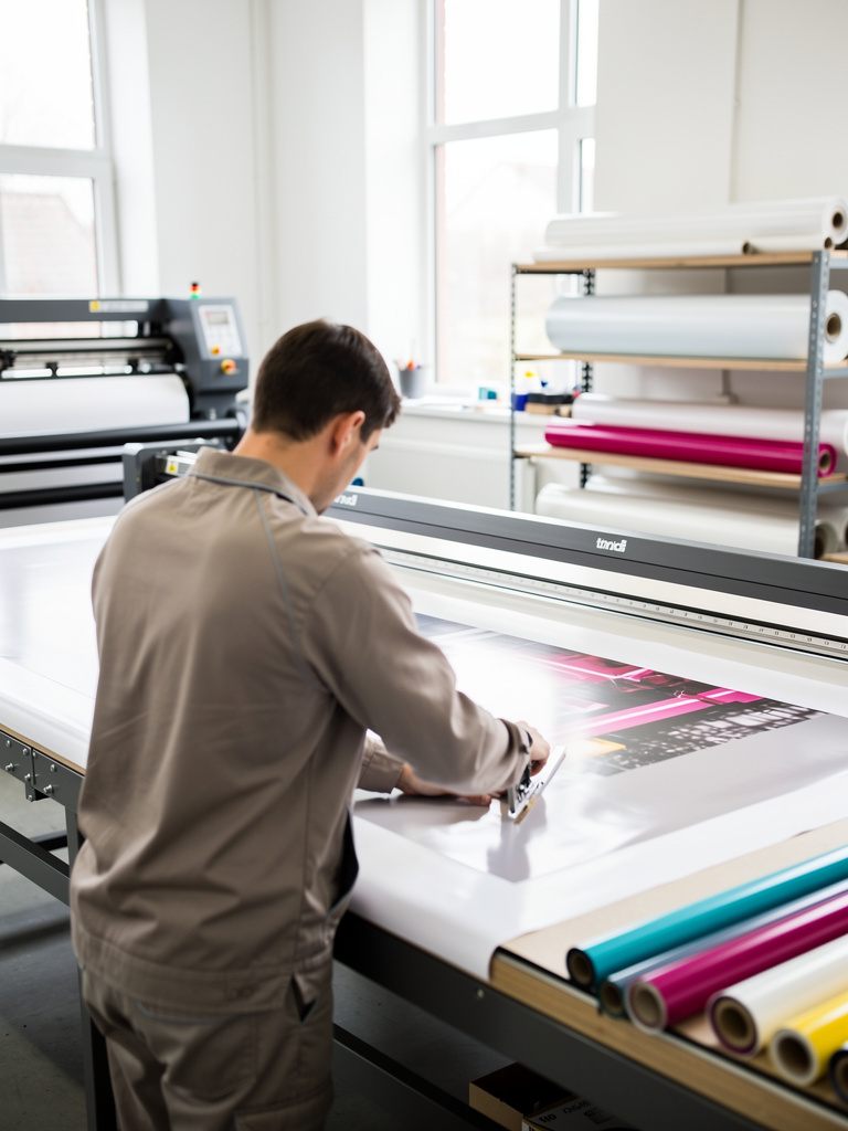A worker seen from behind trimming a large printed vinyl sheet on a long cutting table, face out of frame.